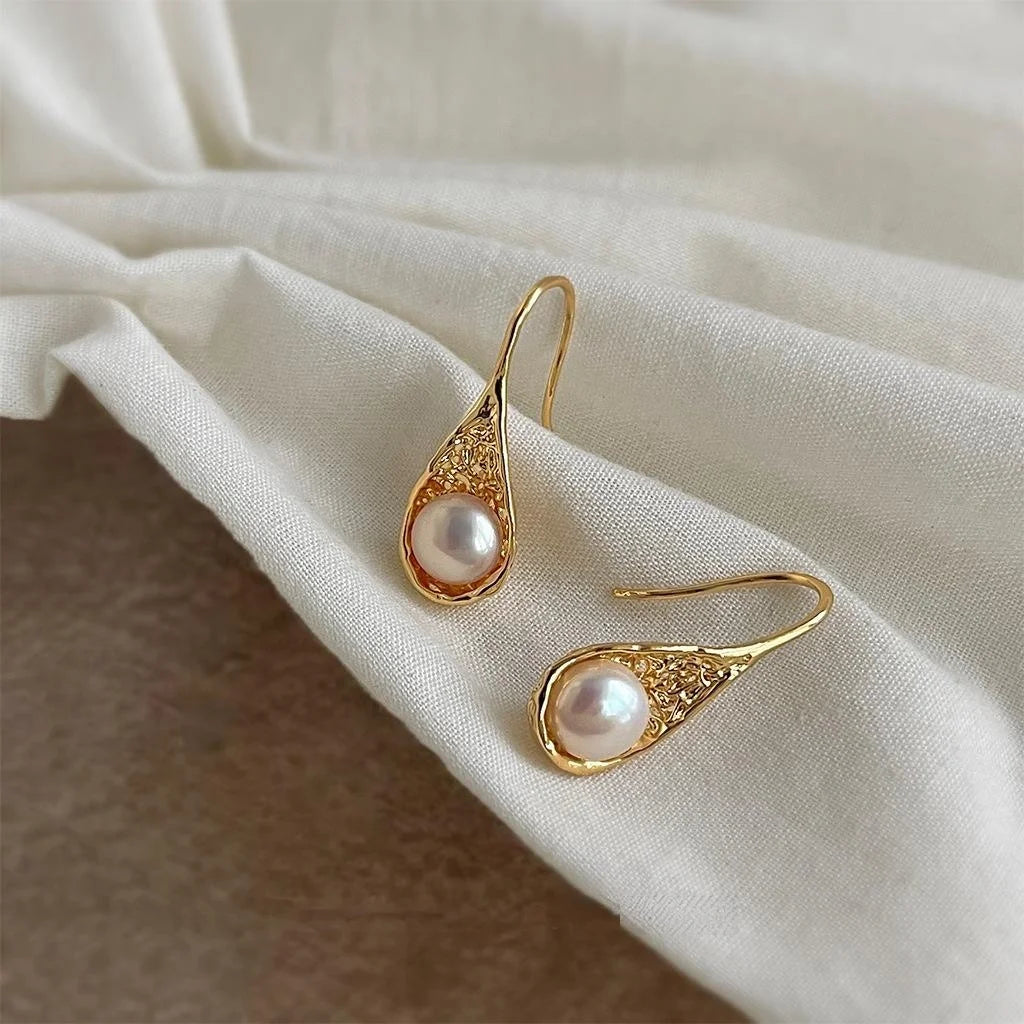 14K Gold Plated Copper Freshwater Pearl Teardrop Drop Earrings Elegant Minimalist Jewelry