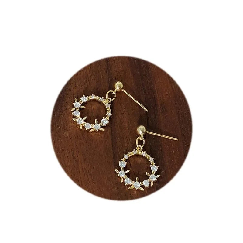 French Vintage Copper Micro Pave Zircon Floral Wreath Drop Earrings Romantic Court Style