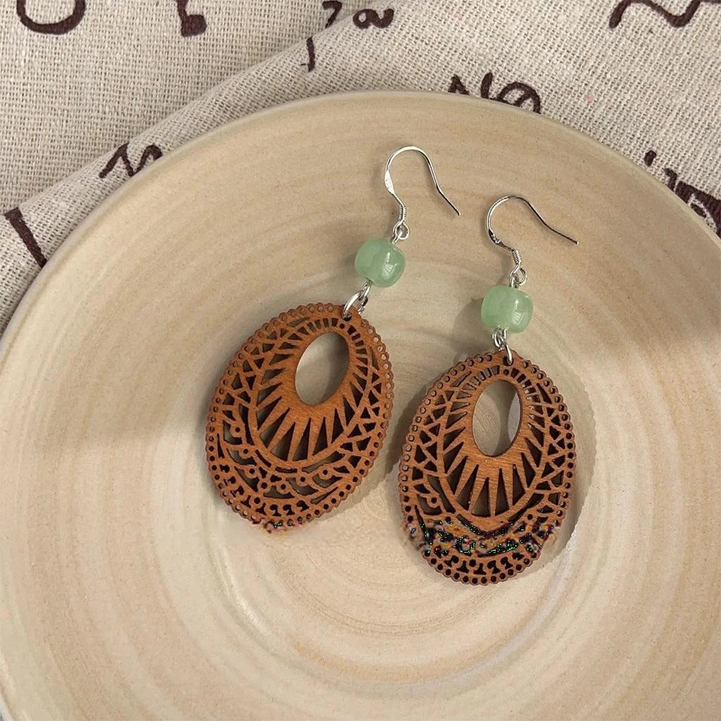 New Chinese Style Wood And Aventurine Jade Geometric Oval Ethnic Vintage Drop Earrings