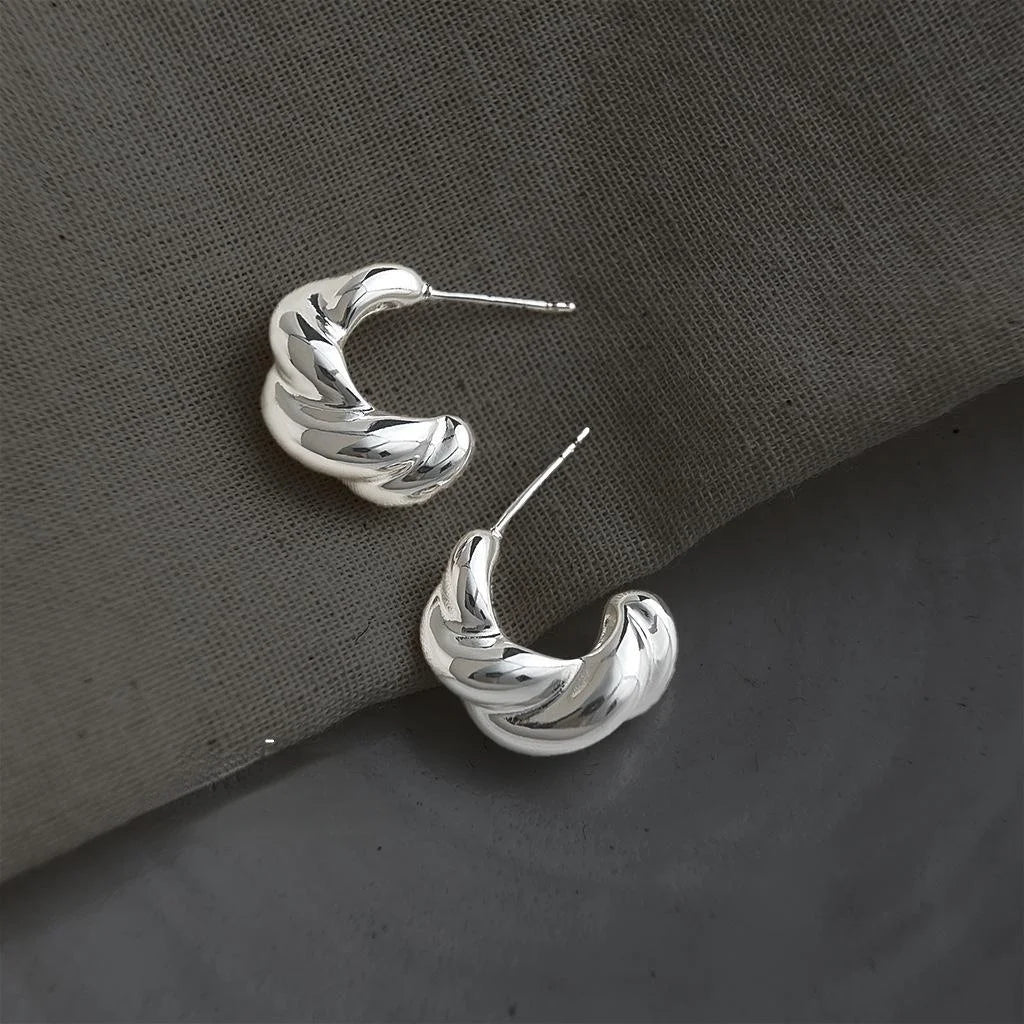Silver Tone Twisted C Shaped Hoop Earrings Minimalist Geometric Fashion Jewelry
