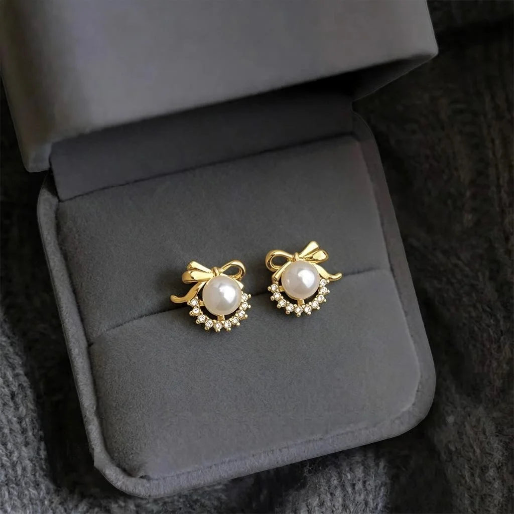 Copper Micro Pave Zircon Bow Pearl Stud Earrings, Sweet Princess Style Mini Jewelry