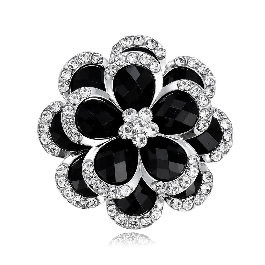 Elegant Black Flower Rhinestone Alloy Brooch, Sparkling Petal Lapel Pin Corsage For Women's Suit Accessory
