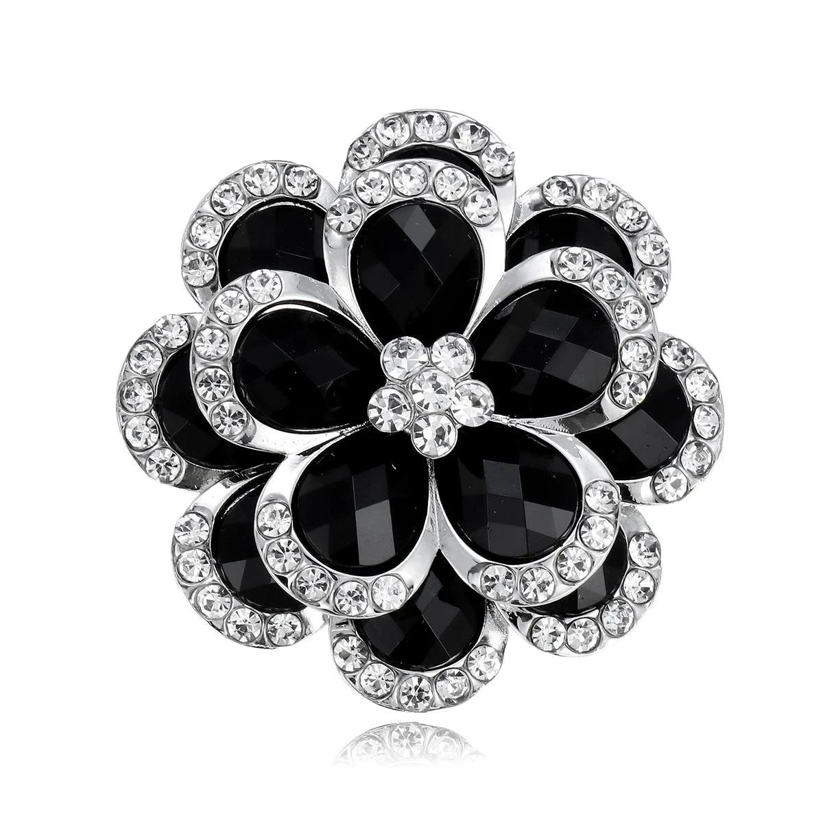 Elegant Black Flower Rhinestone Alloy Brooch, Sparkling Petal Lapel Pin Corsage For Women's Suit Accessory