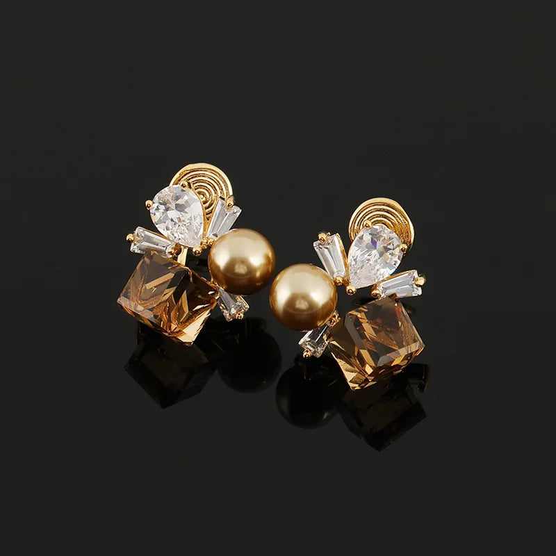 Elegant Brown Sugar Cube Crystal Pearl Rhinestone Geometric Stud & Clip On No Piercing Earrings