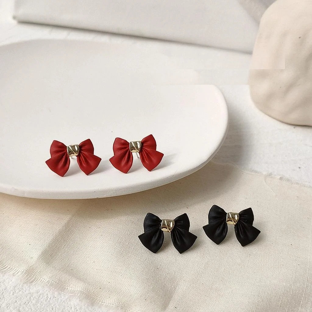 Hepburn Style Enamel Bow Stud Earrings Copper Japanese Korean Elegant Small Ear Jewelry