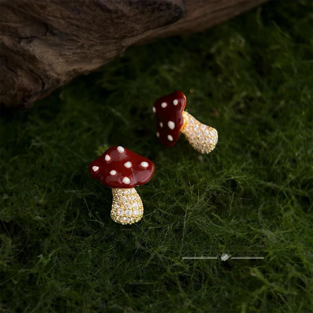 Cute Mushroom Stud Earrings Copper Zircon Micro Pave Childlike Style Gift Jewelry