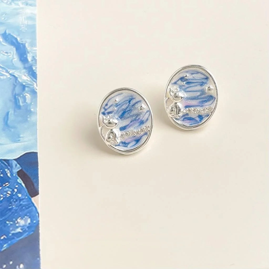 Designer Ocean Starry Sky Enamel Copper Cat Star Drop Earrings And Micro Pave Zircon