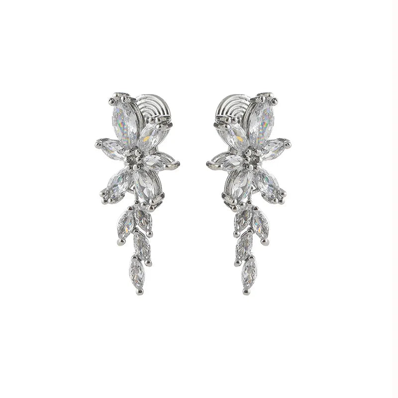 Elegant Zircon Leaf Wheat Flower Stud & Clip On No Piercing Bridal Dangle Earrings
