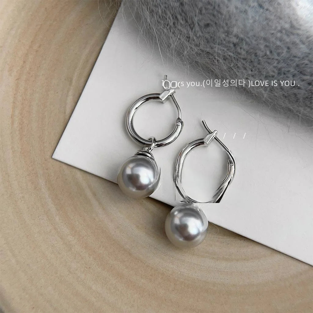 Minimalist Luxury Gray Glass Pearl Drop Earrings Copper Geometric Round Commuter Jewelry