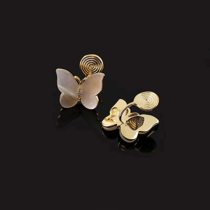 Elegant Natural Shell Butterfly Zircon Stud & Clip On No Piercing Light Luxury Women's Earrings