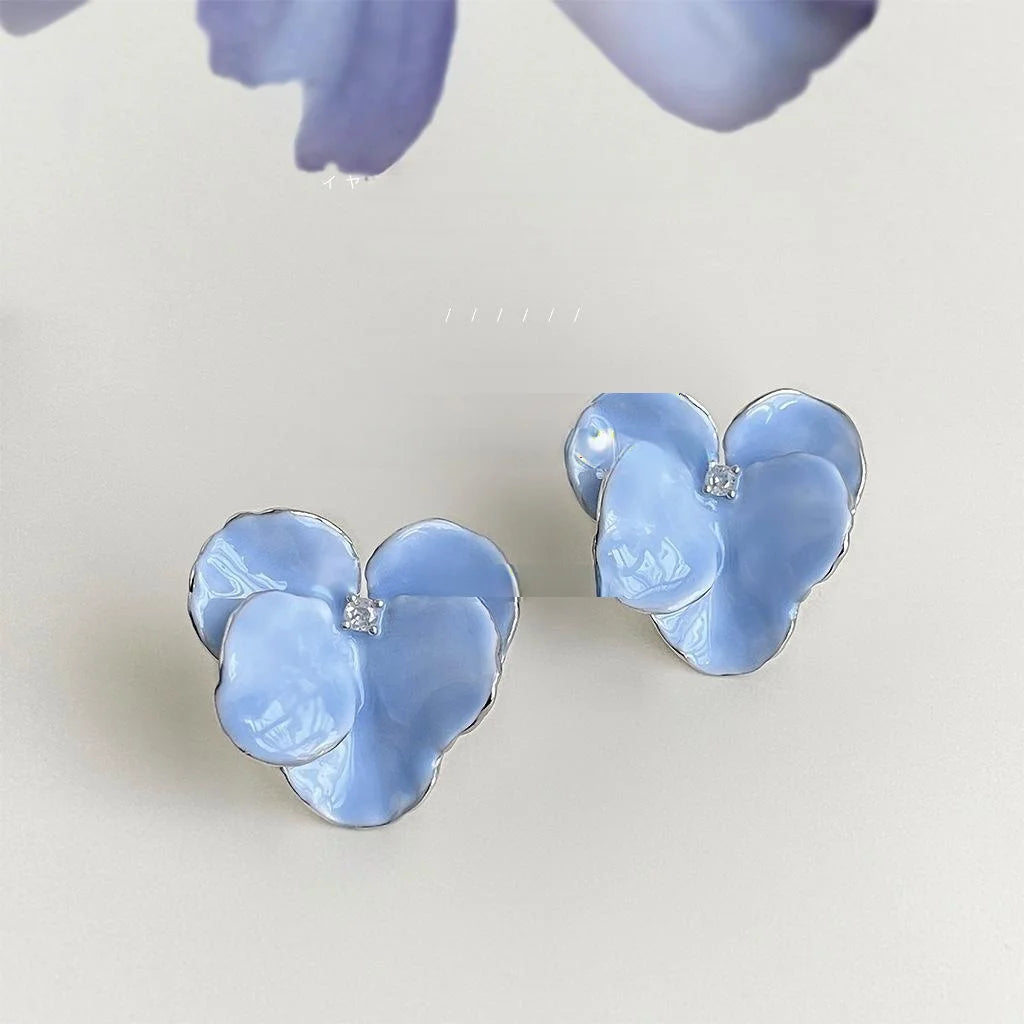 White Gold Plated Copper Baby Blue Iris Flower Drop Earrings Sweet Elegant Floral Jewelry