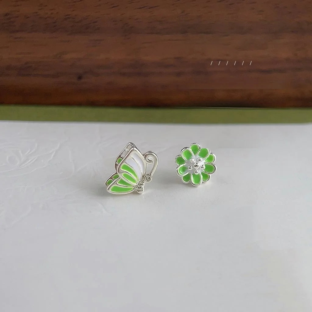 Forest Style Copper Flower Butterfly Asymmetric Enamel Stud Earrings Sweet Elegant Jewelry
