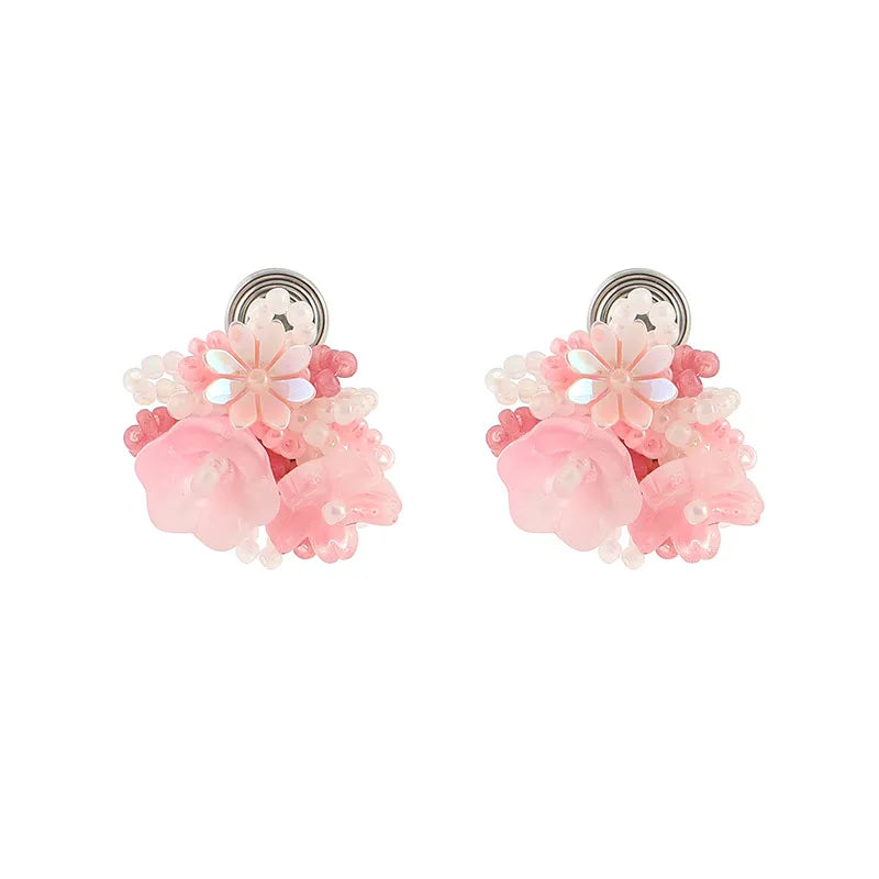 Elegant Pink Beaded Flower Alloy Stud & Clip On No Piercing Handmade Spiral Pearl Drop Earrings