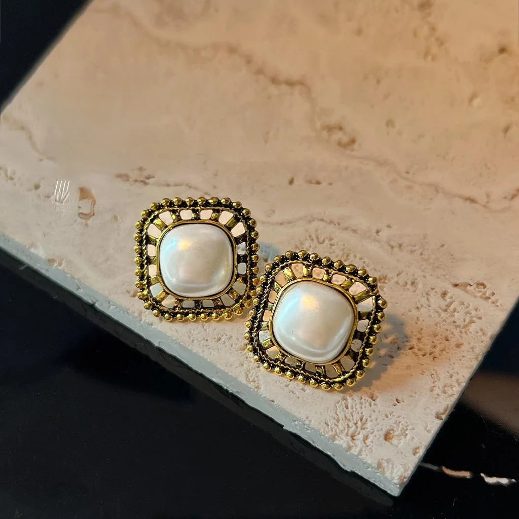 Vintage Antique Gold Plated Alloy Square Geometric Pearl Stud Earrings For Women