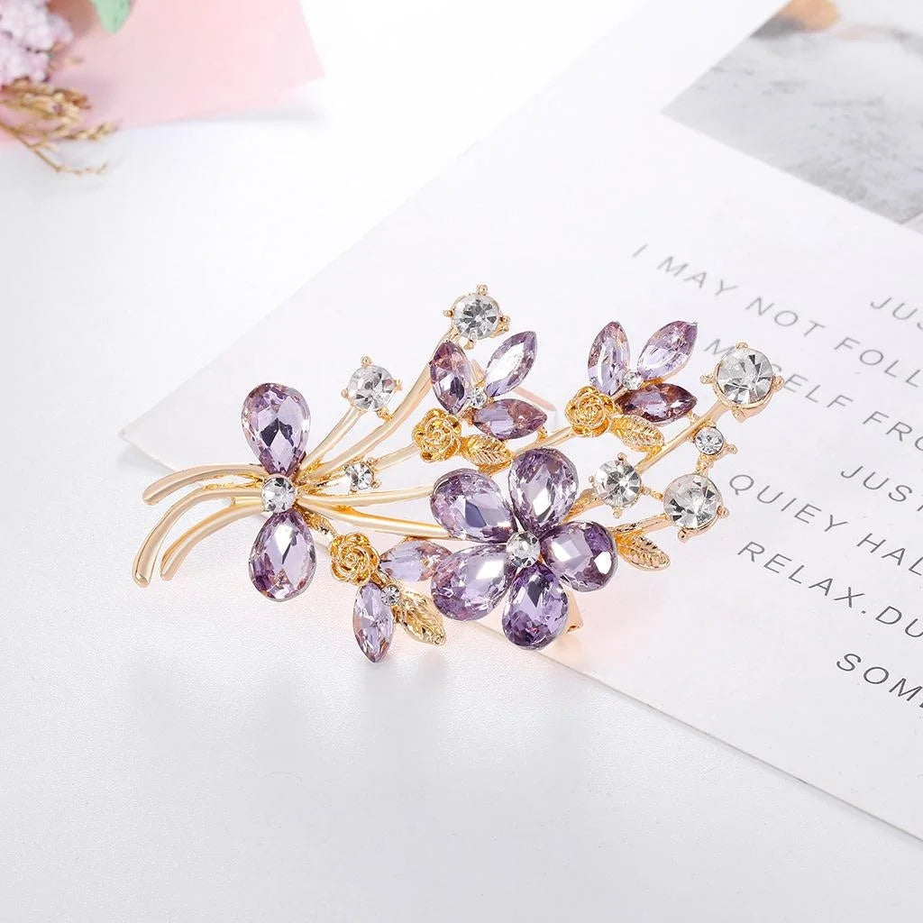 Elegant Purple Crystal Flower Bouquet Brooch Alloy Rhinestone Lapel Pin Corsage Suit Accessory Gift