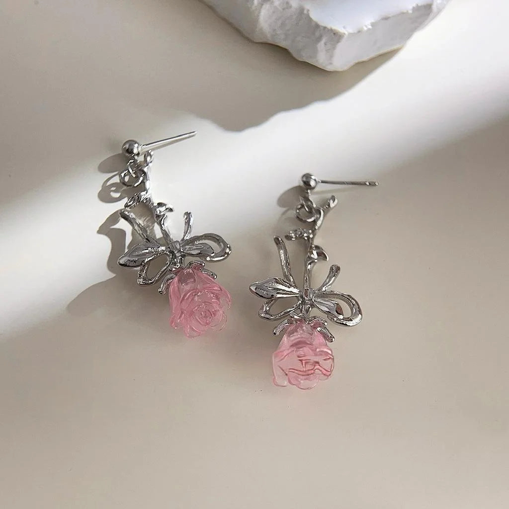 Sweet Cool Liquid Rose Copper Drop Earrings Minimalist Floral Fashion Jewelry
