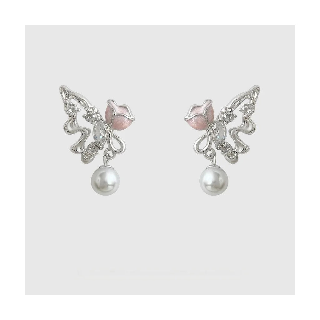 Original Designer Copper Butterfly Rose Flower Liquid Style Drop Earrings For Women
