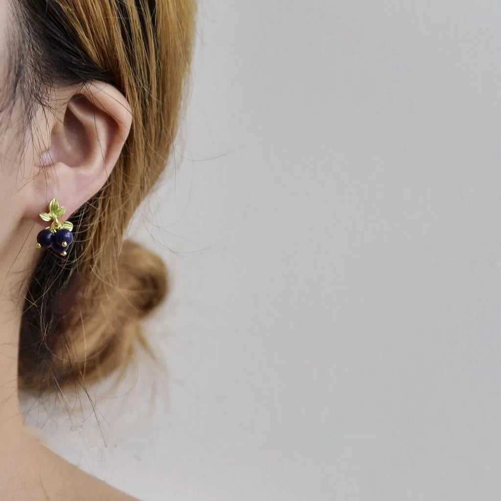 Vintage Artsy Lapis Lazuli Stud Earrings Handmade Silver Plated Textured Minimalist Jewelry