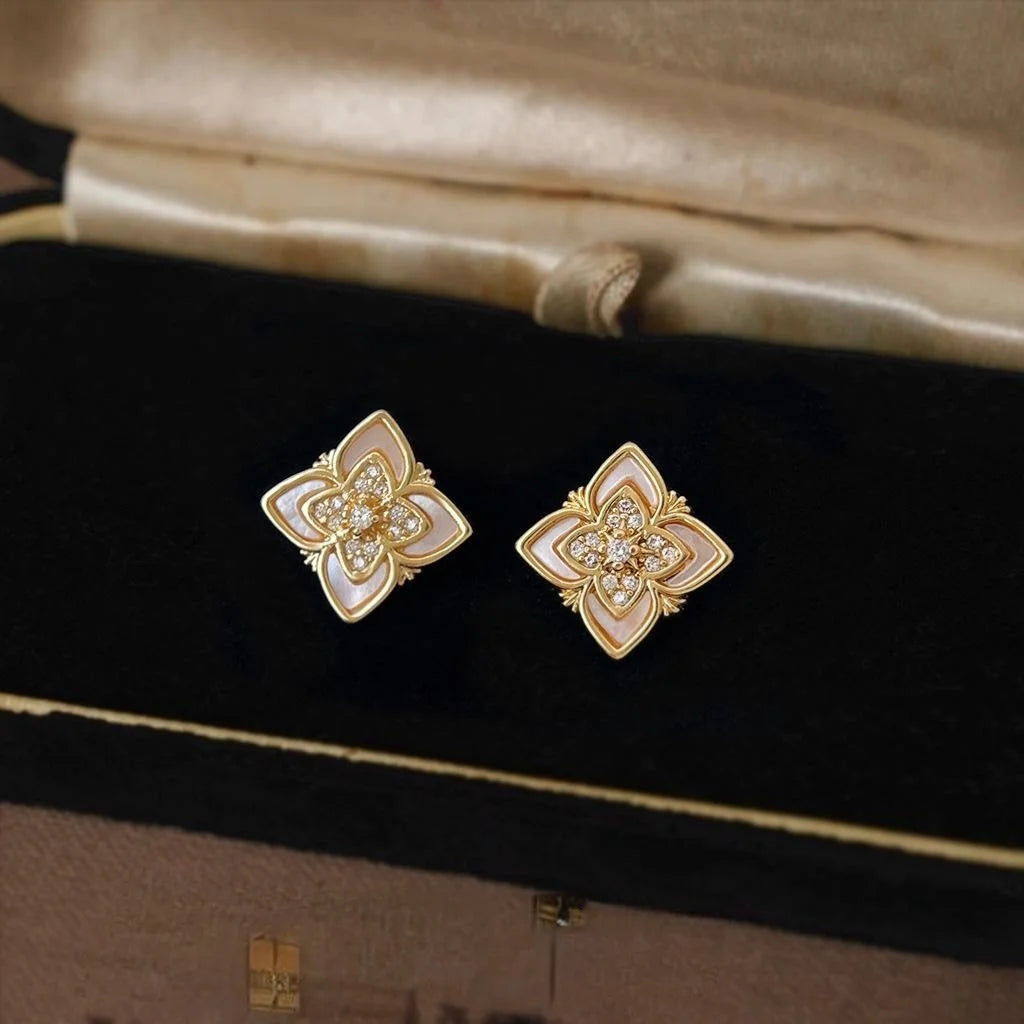 Micro Pave Zircon Genuine Shell Flower Petal Stud Earrings 4K Gold Plated Copper Minimalist Jewelry