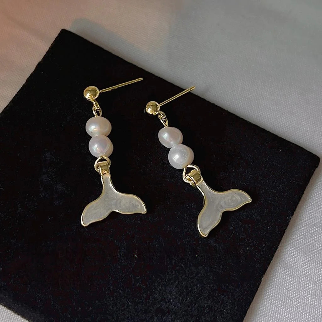 14K Gold Plated Freshwater Pearl Fishbone Stud Earrings Handmade Geometric Style Jewelry