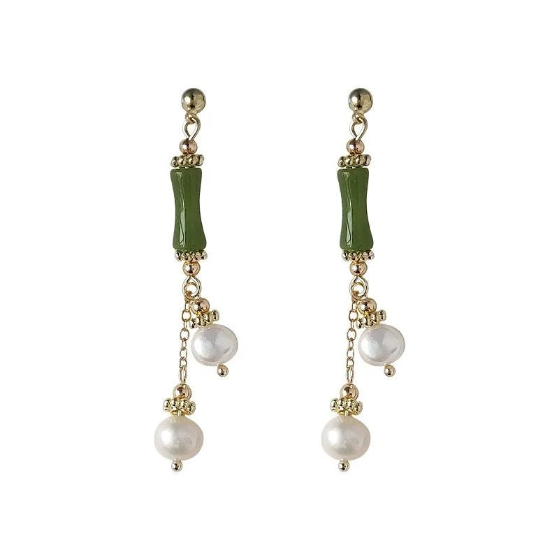 Original Design Copper Stud Earrings With Freshwater Pearl Tassel Bamboo Geometric Forest Style