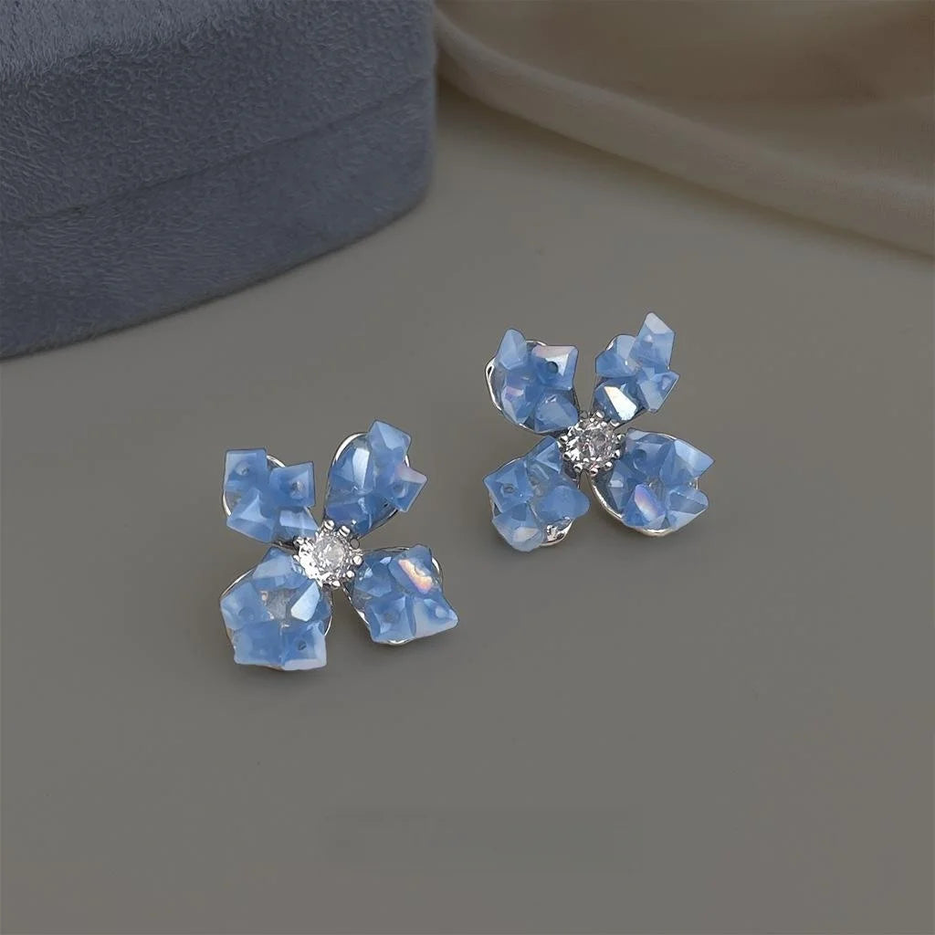 Handmade Glass Crystal Haze Blue Flower Drop Earrings French Sweet Forest Style Jewelry