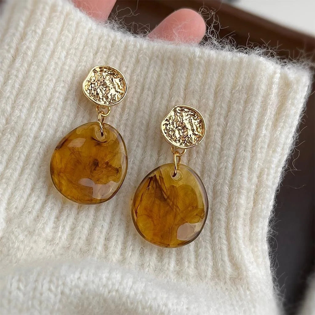 French Vintage Wine Red Irregular Geometric Resin Stud Earrings Handmade Elegant Office Style