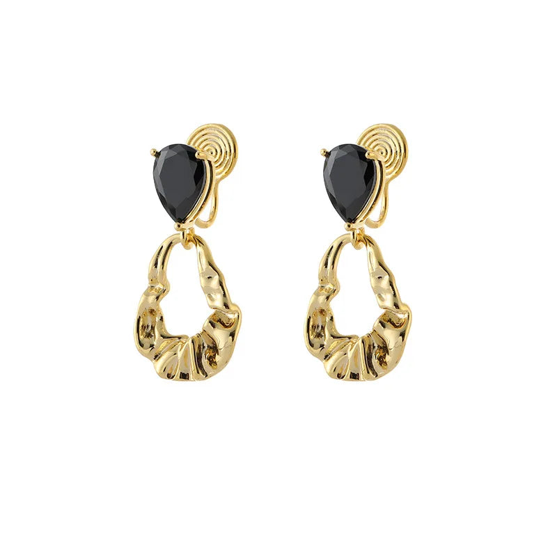 Vintage Wrinkled Gold Alloy Hoop Drop With Black Crystal Stud & Clip On No Piercing Earrings