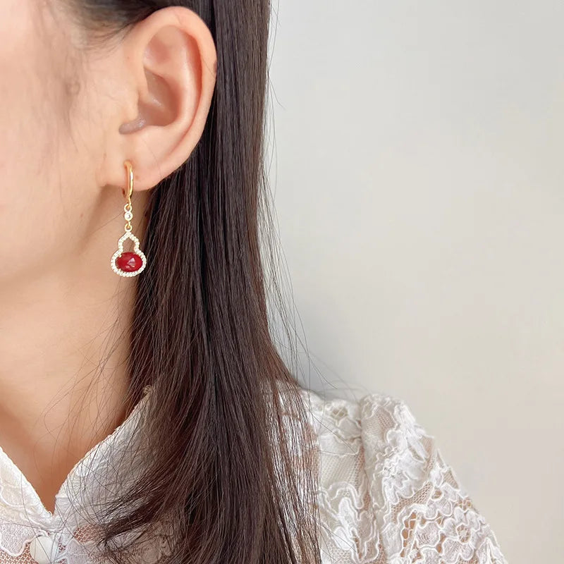 Vintage Red Gourd Zircon Drop Stud & Clip On No Piercing New Chinese Style Luxury Earrings