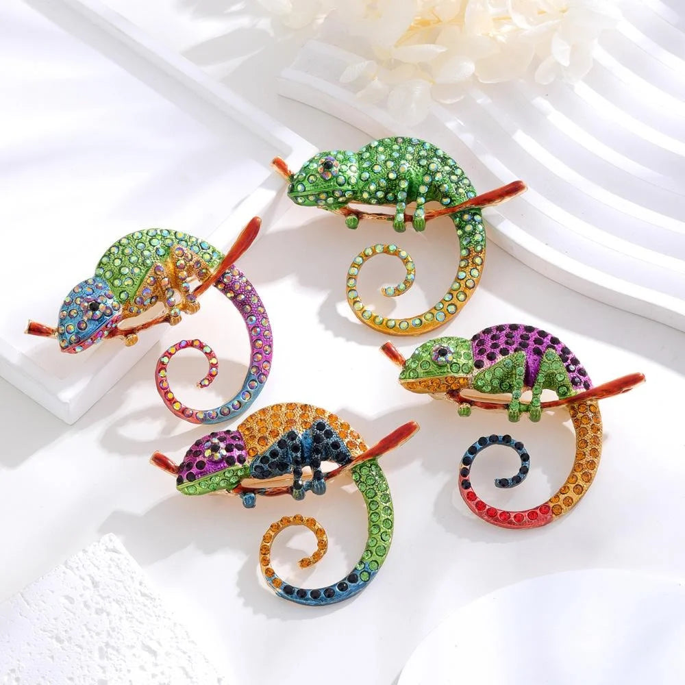 Luxury Colorful Enamel Chameleon On Branch Brooch With Rhinestones, Animal Lizard Lapel Pin Gift