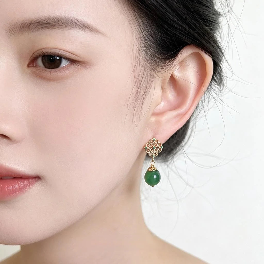 New Chinese Style Green Agate Zircon Micro Pave Hollow Lace Copper Drop Earrings