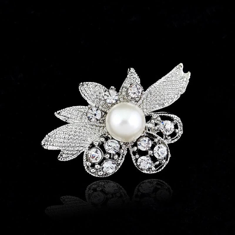 Elegant Rhinestone Pearl Flower Brooch, Silver Alloy Crystal Lapel Pin Corsage For Women's Suit Gift