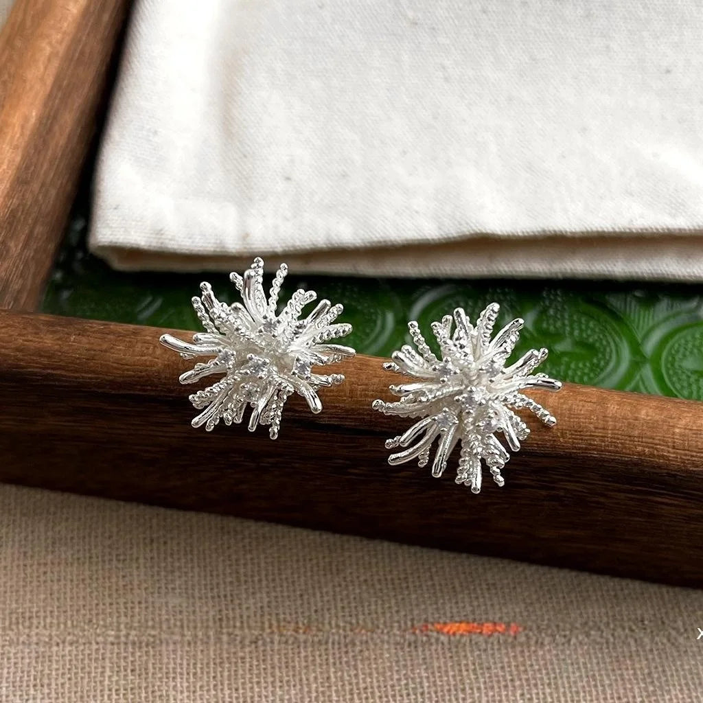 Silver Plated Copper Dandelion Flower Stud Earrings Minimalist Designer Spring Jewelry
