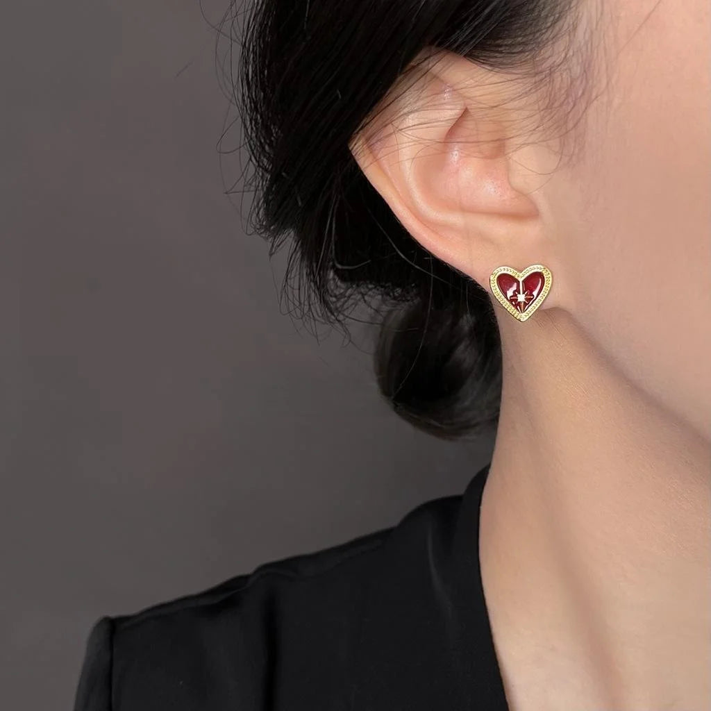 Vintage Burgundy Enamel Heart Star Micro Pave Zircon Stud Earrings Copper