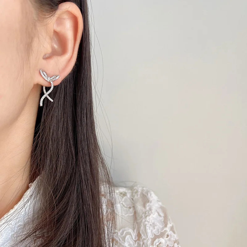 Elegant Zircon Rhinestone Bowknot Swirl Drop Stud & Clip On No Piercing Back Hanging Earrings