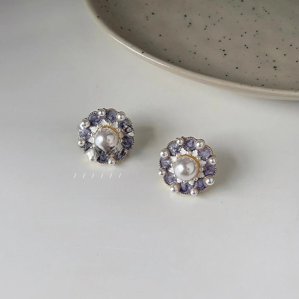 Premium Copper Purple Enamel Round Stud Earrings With 14K Plated Minimalist Style
