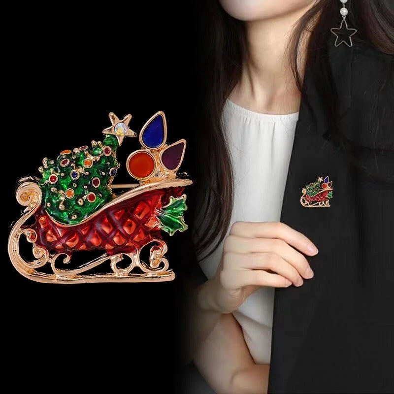 Elegant Enamel Rhinestone Christmas Tree Sleigh Brooch, Gold Tone Alloy Lapel Pin Corsage Gift