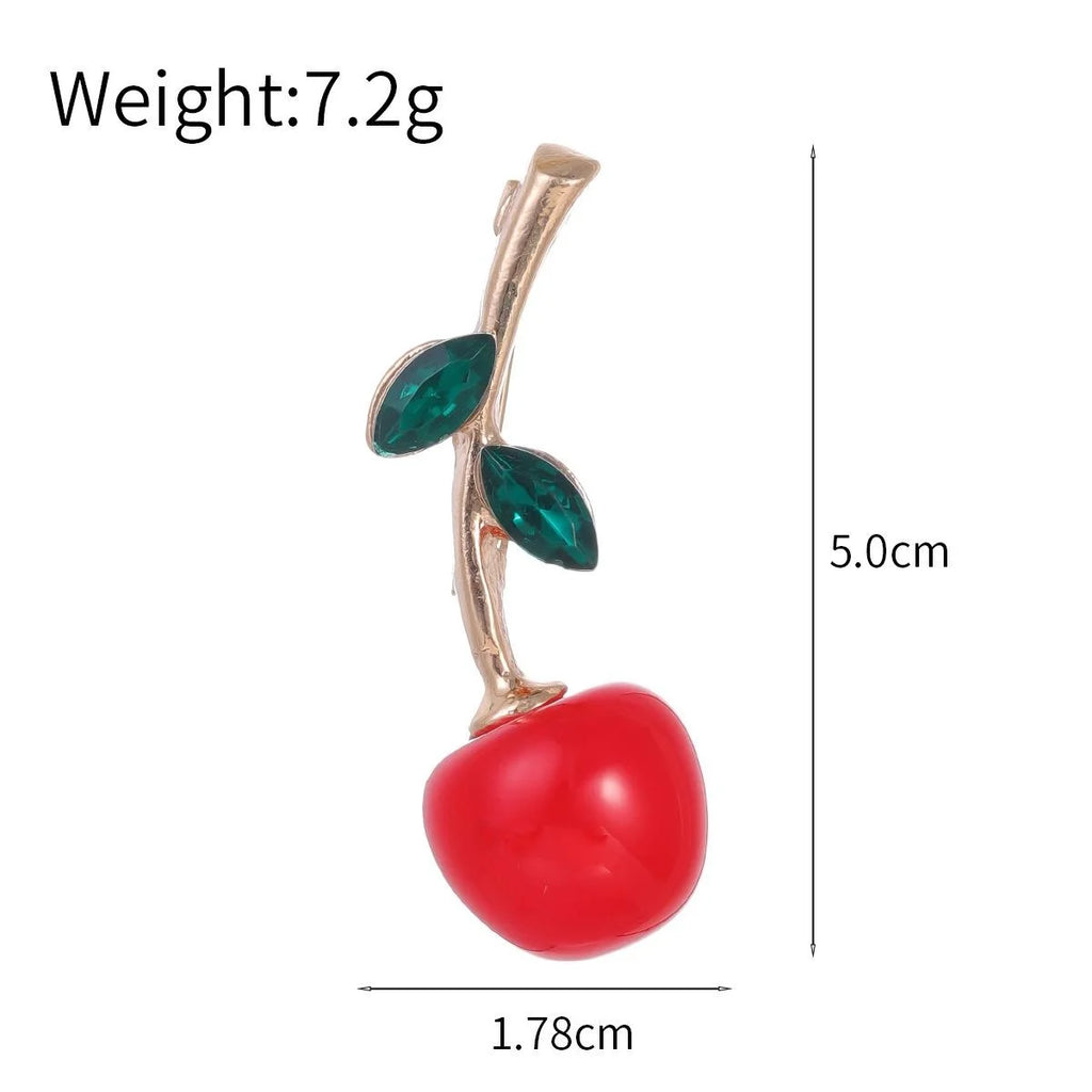 Cute Red Cherry Alloy Brooch With Green Rhinestone Leaves, Elegant Fruit Lapel Pin Gift For Women