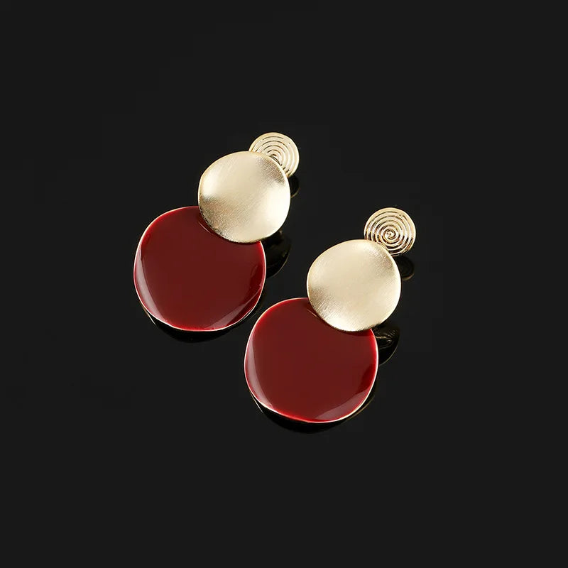 Vintage Contrast Red Enamel Round Disc Alloy Spiral Stud & Clip On No Piercing Drop Earrings