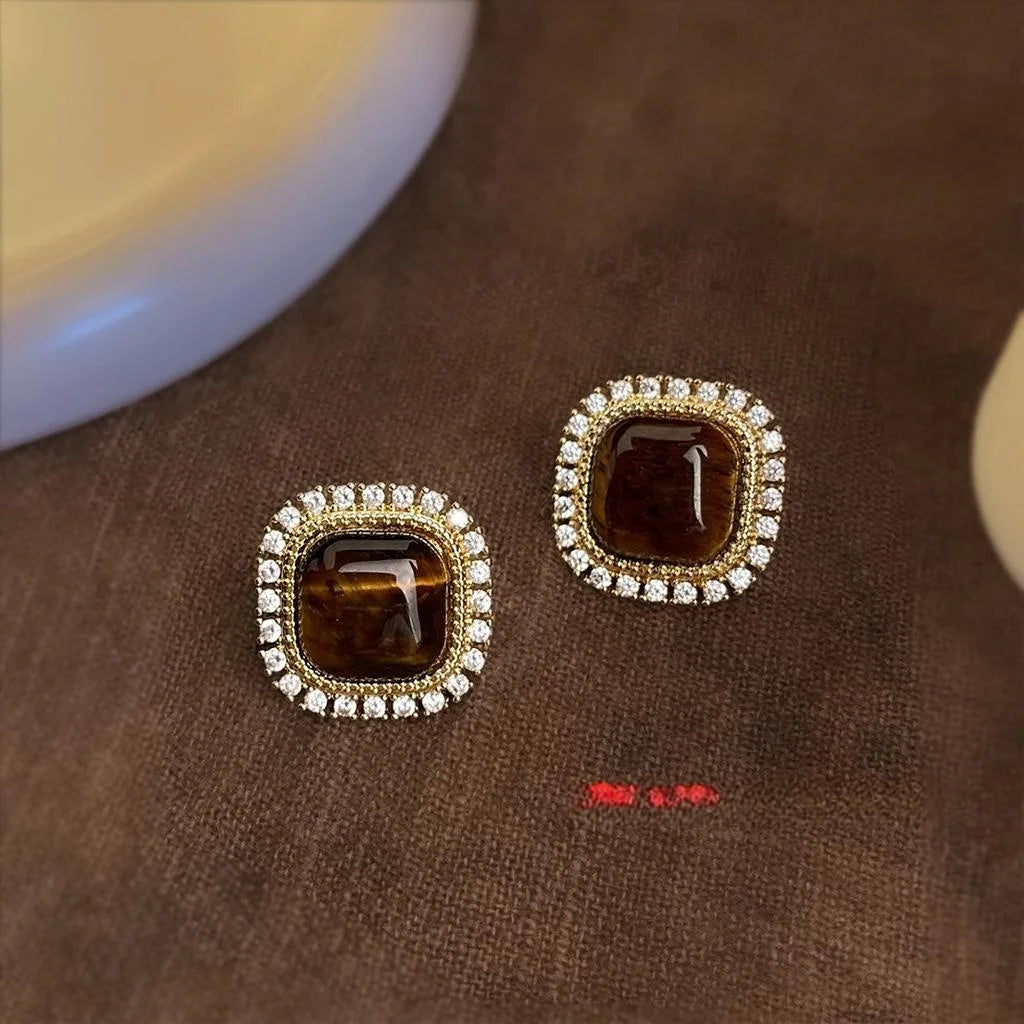 Vintage Maillard Tiger Eye Stone Micro Pave Zircon Geometric Square Stud Earrings