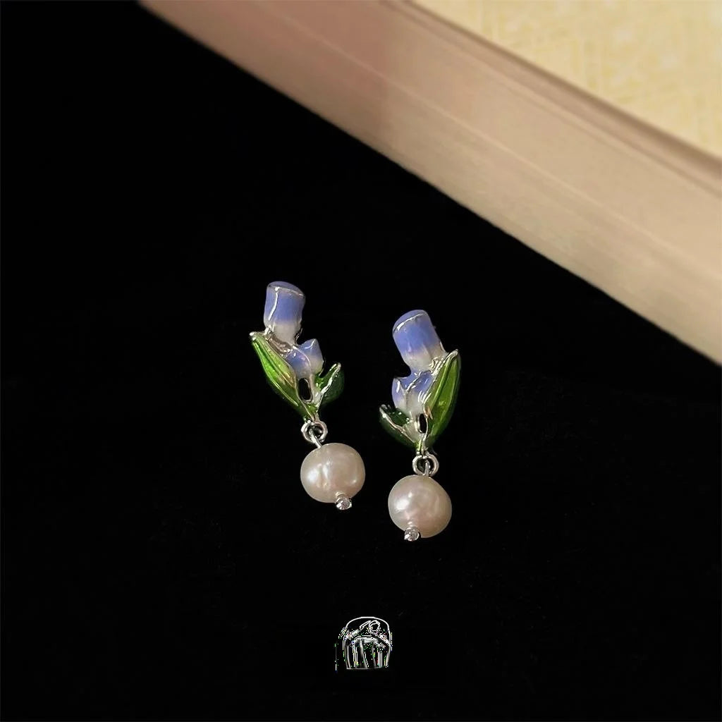 Forest Style Handmade Tulip Flower Stud Earrings With Freshwater Pearls Purple Enamel Silver Plated Copper