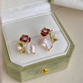 Ethnic Rose Flower Zircon Pearl Enamel Copper Stud Earrings