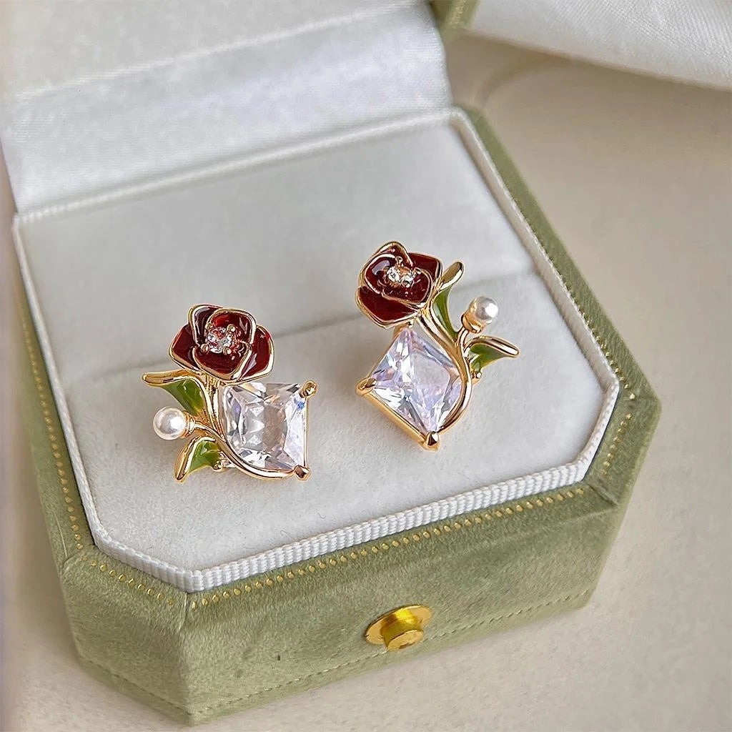 Ethnic Rose Flower Zircon Pearl Enamel Copper Stud Earrings