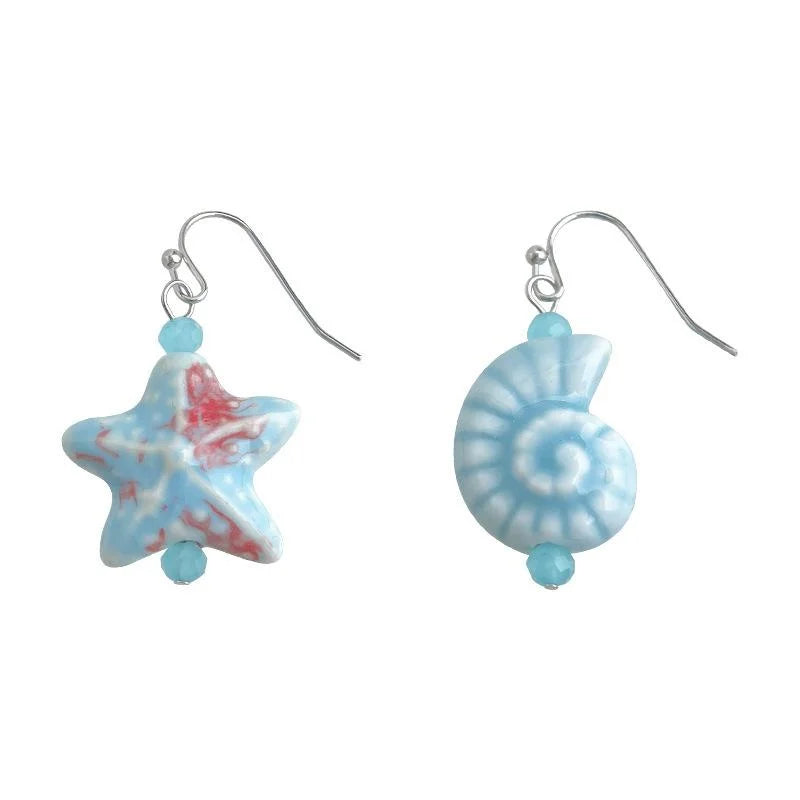 Handmade Ceramic Glass Crystal Conch Starfish Asymmetric Resort Style Drop Earrings