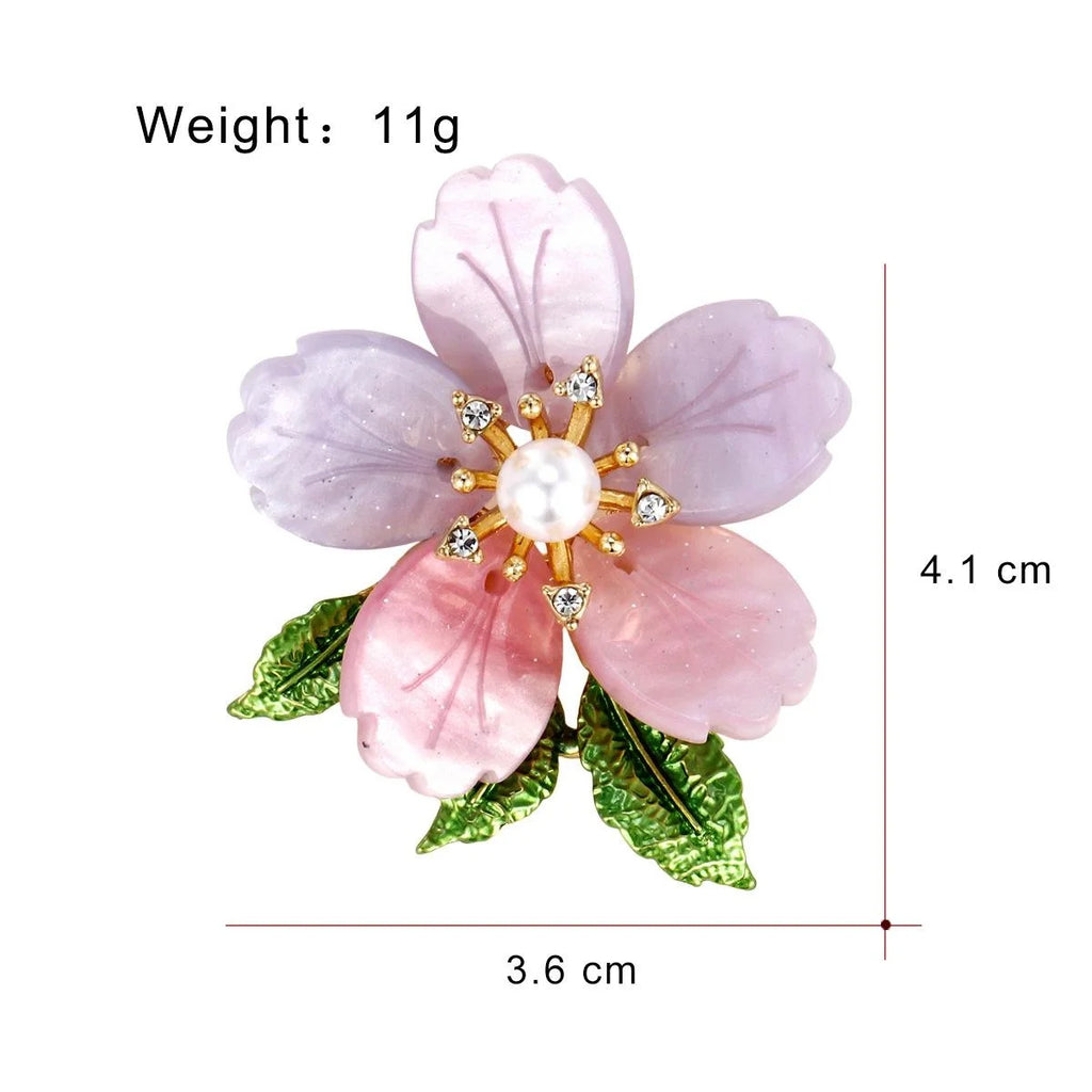Elegant Pink Flower Brooch With Pearl Center, Rhinestone Zircon Accents And Enamel Leaves, Women's Lapel Pin Gift