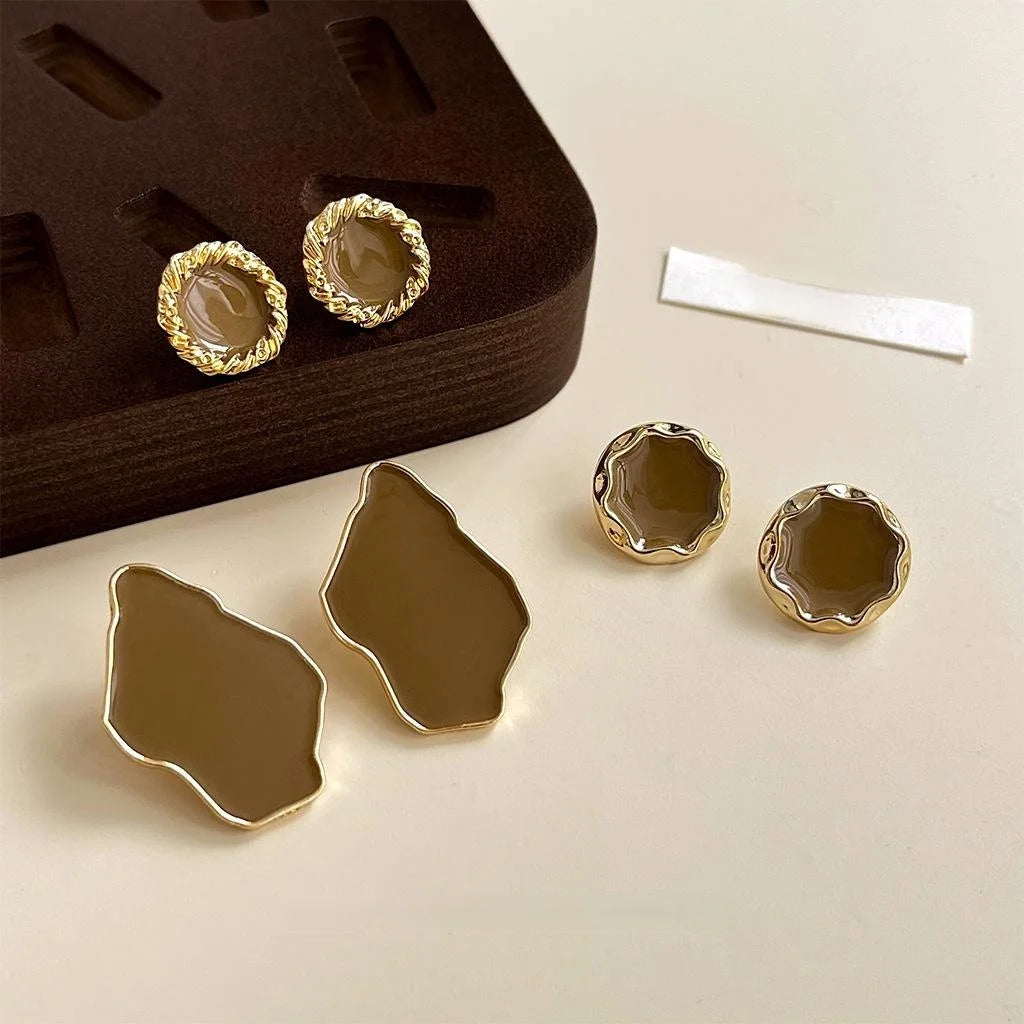 French Vintage Irregular Green Enamel Metal Geometric Stud Earrings For Women