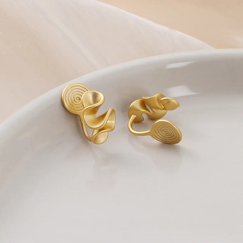 Elegant Matte Gold Alloy Wavy Pleated Ruffle Flower Stud & Clip On No Piercing Statement Earrings