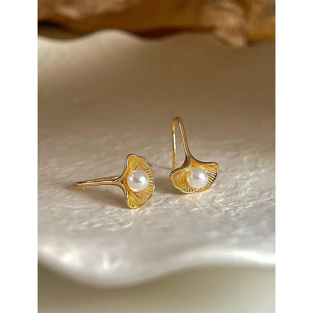 Elegant 14K Plated Copper Ginkgo Leaf Pearl Drop Earrings For Women