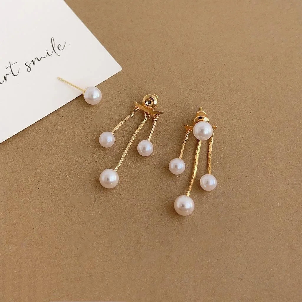 14K Plated Copper High Luster Pearl Tassel Drop Earrings Minimalist Long Geometric Style