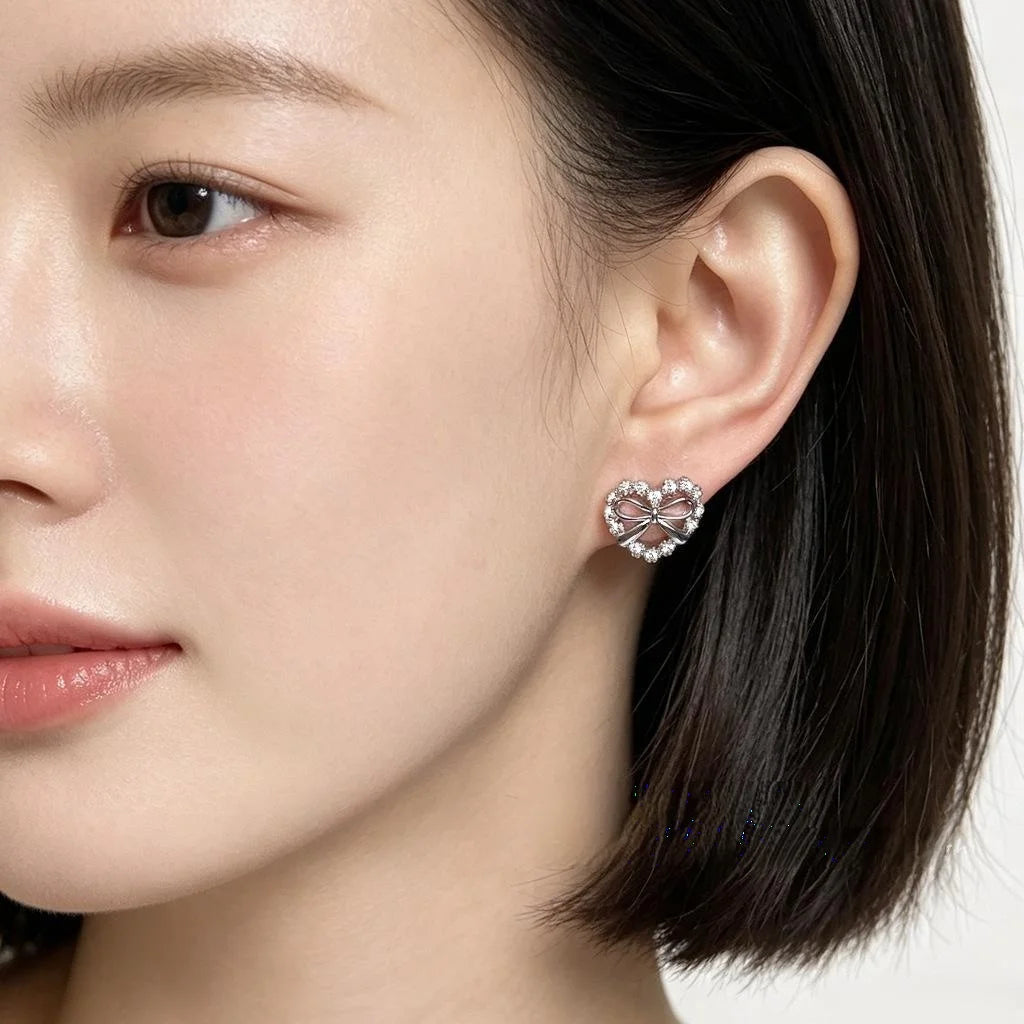 Sweet Bow Heart Zircon Copper Stud Earrings, Hollow Micro Pave Elegant Jewelry For Women